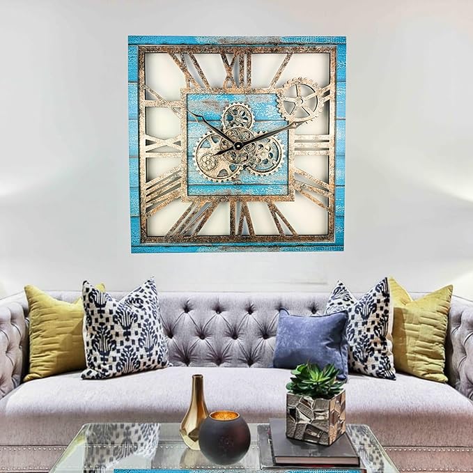 The Gears Clock 24'' Inch Square Real Moving Gear Wall Clock Vintage Industrial Oversized Rustic Farmhouse (Ocean Blue)