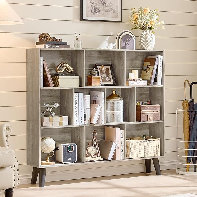 LEYAOYAO 10 Cube Bookshelf,3 Tier Modern Wide Bookcase with Legs,Mid-Century Wood Bookshelves Storage，Retro Grey Large Book Case,Freestanding Organizer Display Shelf for Bedroom,Living Room,Office