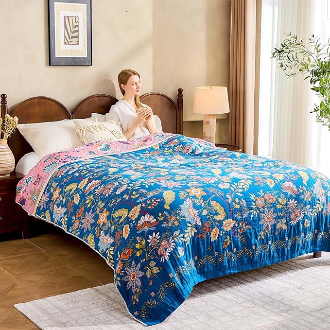 Fall Throw Blanket for Couch, Blue Boho Decorative Throw Blanket, 100% Cotton Muslin Breathable Woven Farmhouse Blankets Quilt, 80"x90" Reversible Lightweight Blankets Bohemian Throw Quilt