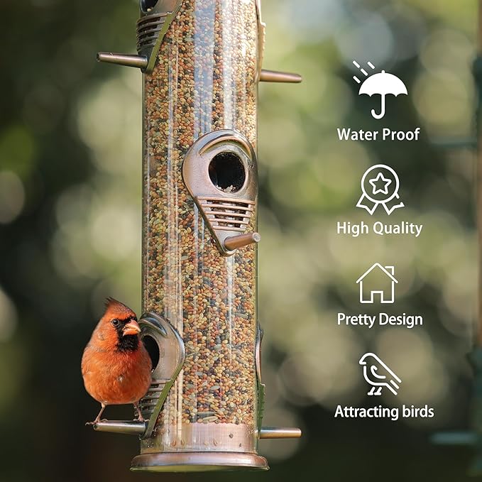 MIXXIDEA Metal Tube Bird Feeders for Outdoors - 6 Ports Hanging Feeder Attracts Wild Birds in Your Lawn, Garden, Balcony - Antique Copper - 1 Pack