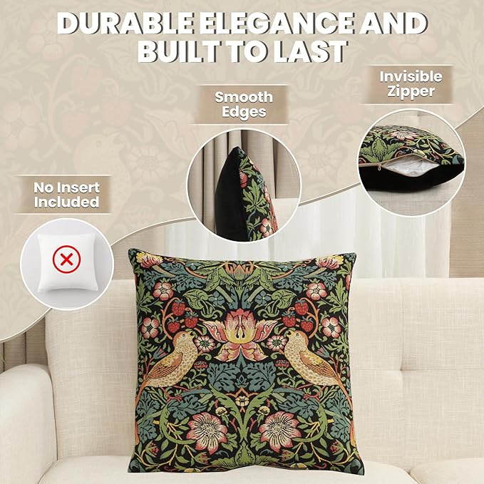 Charlotte Home Furnishings Throw Pillow Covers, Decorative Boho Pillow Covers for Couch, Living Room, Black Strawberry Square Cushion Cases 18x18 in, European Cotton Jacquard Woven, Cozy Bedroom Decor