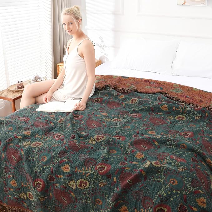 Boho Throw Blanket for Bed - 100% Pure Cotton Ultra Soft Rustic Quilt - Farmhouse Decor Bed Blankets, All Season Rustic Throw for Sofa Couch Chair(80''x 90'', Floral)