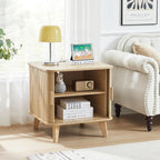 Farmhouse Square End Table with Charging Station, 24" Large Fluted Sofa Side Table with Sliding Tambour Door and Storage, Rustic Curved Wood Nightstand for Living Room, Bedroom, Natural