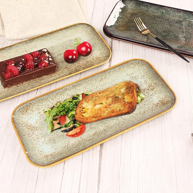 Ceramic Dinner Plates Dish Set, Set of 4, Microwave Oven and Dishwasher Safe,Scratch Resistant, Dinnerware Kitchen Porcelain Serving Dishes Brown glaze change, 12.4 Inch Rectangle plate