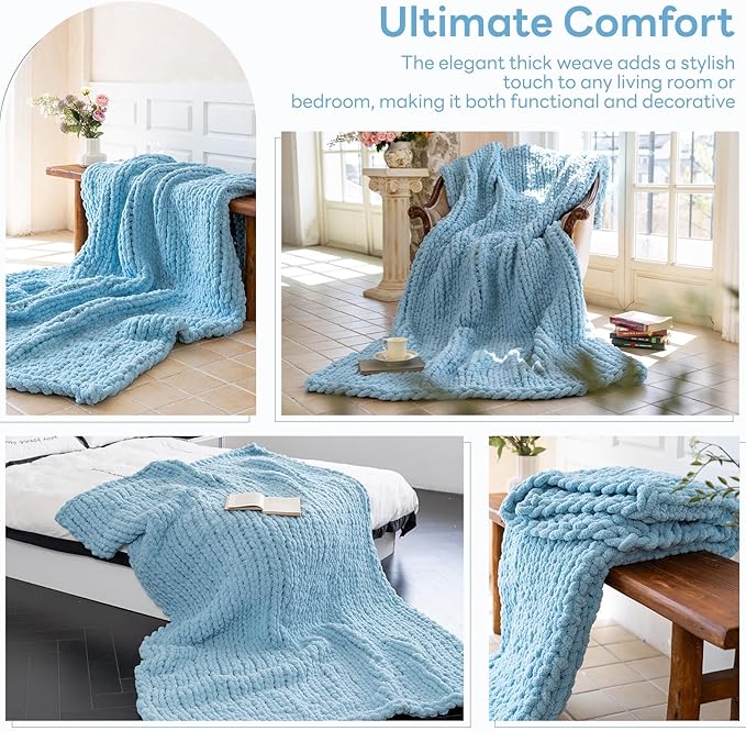 Chunky Knit Blanket - Luxury Soft Cozy 40 * 50 Throw Blanket,100% Woven Blanket Rope Knot Throw Blanket for Couch, Sofa, Home Decor, Gift - Machine Washable（Light Blue）