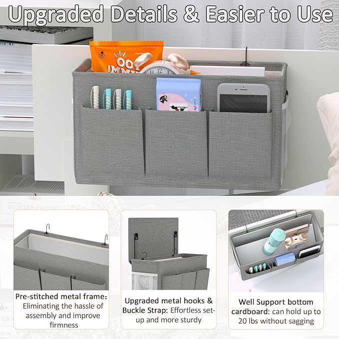 Dual-purpose Bedside Caddy Bedside Organizer, Bed Caddy with 6 Pockets, Versatile Bedside Storage Solution Magazine Remotes holder, ideal for Home, Dorm, Hospital, Crib Bed (Grey)