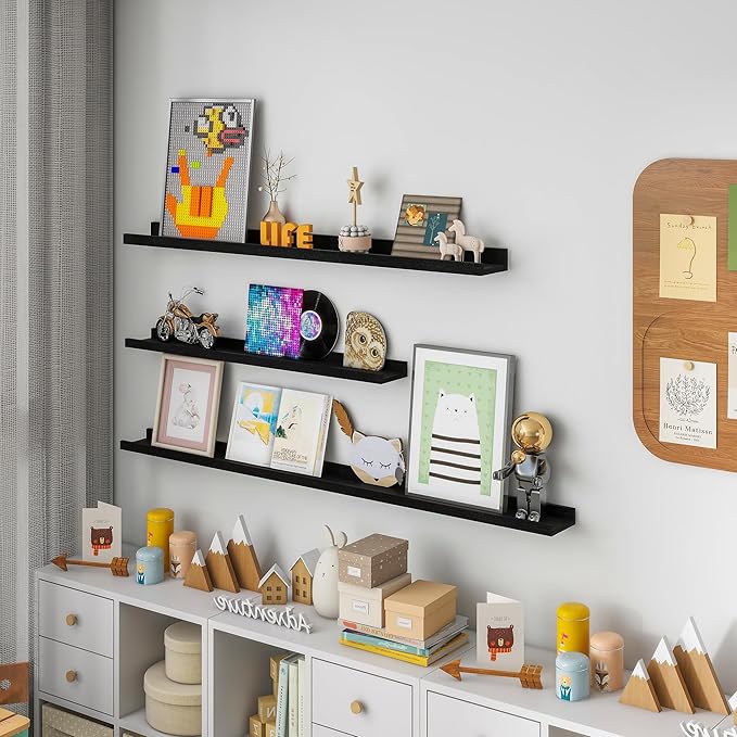 Solid Ash Wood Floating Shelves, Wood Picture Ledge Shelf Set of 2, 48 Inch Long Large Photo Ledge Shelves, Nursery Book Shelves Wall Mounted for Living Room Kids' Bedroom Decor, Black