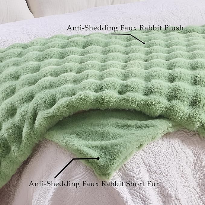 BENVWE Fluffy Faux Fur Throw Blanket for Couch, Soft Plush Thick Cozy Fuzzy Luxury Minky Bubble Blanket for Home Living Room Decor Gift for Women, Sage Green, 63" x 80", 1100GSM