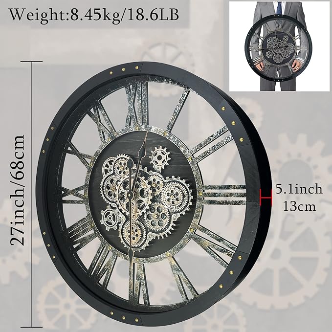 27 Inch Moving Gear Wall Clock, Oversized Wall Clocks, Clock Living Room Decor, Solid Wood Frame, Battery Operated, Large Wall Clock with Steampunk Industrial for Fireplace(Black)