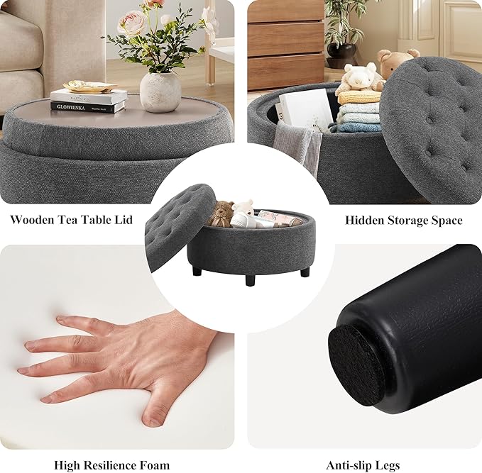COLAMY Fabric Round Storage Ottoman with Reversible Tray Lid – Multi-Functional Footrest, Hidden Storage, Sturdy & Stylish Small Coffee Table for Living Room, Bedroom, or Entryway(Dark Grey)