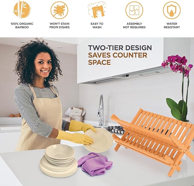 BAMBUSI Dish Drying Rack - Collapsible 2-Tier Bamboo Dish Rack for Kitchen Counter, Wooden Dish Drainer with Foldable Space-Saving Design - Drying Rack for Dishes, Plates, and Cups - Housewarming Gift