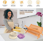 BAMBUSI Dish Drying Rack - Collapsible 2-Tier Bamboo Dish Rack for Kitchen Counter, Wooden Dish Drainer with Foldable Space-Saving Design - Drying Rack for Dishes, Plates, and Cups - Housewarming Gift