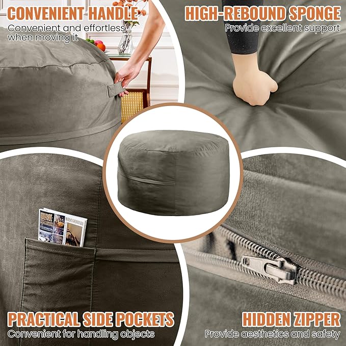 4FT Bean Bag Chair: Bean Bag with Velvet Cover, Fluffy and Comfy Bean Bag Chairs for Adults and Kids, Bean Bag Sofa Filled with High-Density Sponge for Gaming (Dark Grey)