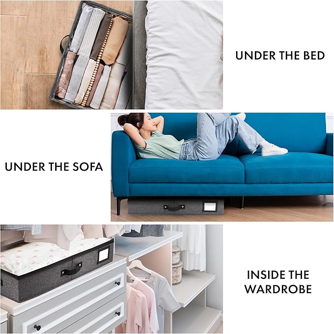 HOMELUX THEORY 2pc Under Bed Storage Containers, Bedroom Under the Bed Drawer Storage Organizer with Bins and Lids, Medium Underbed Clothes Storage Box Ideal for Blanket, Fabric, & Shoes (Dark Gray)