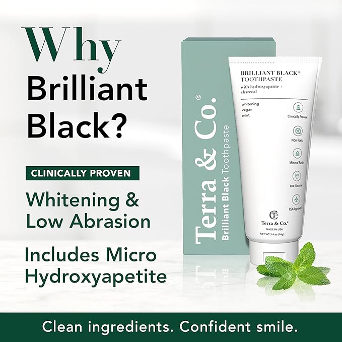 Terra & Co. Brilliant Black Hydroxyapatite Toothpaste for Whitening Teeth – USA-Made - Natural Remineralizing Toothpaste, Fluoride-Free, Vegan, SLS-Free, Low Abrasion – Mint, 3.4 oz