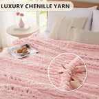 L'AGRATY Chunky Knit Blanket Throw: 80''x90'' Chenille Chunky Knitted Throw Blanket for Bed Couch - Handmade Thick Big Cable Knit Blanket - Large Chunky Crochet Rope Blanket for Home Decor(Pink)