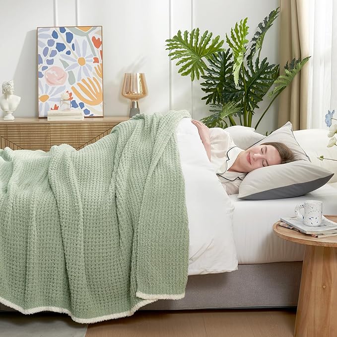 Snuggle Sac Sage Green Waffle Bedding Blankets Queen Size 90x90 inches, Reversible Microfiber Fluffy Fuzzy Soft Throw Cozy Knit Blanket for Women Mothers Birthday Gifts