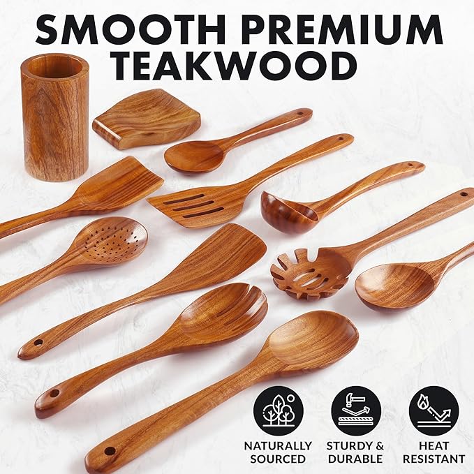 Zulay Kitchen 12-Piece Teak Wooden Utensils for Cooking - Natural Teak Utensil Set with Premium Gift Box - Non-Stick Wooden Spoons for Cooking - Kitchen Gift Set - Comfortable Grip Wooden Utensil Set