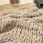 Chunky Knit Blanket Throw 40"x60", Chenille Throw Blankets, Handmade Warm & Cozy Blanket Couch Bed Home Decor, Soft Breathable Fleece Banket, Christmas for Couch Bed Sofa Best Gift (Tan)