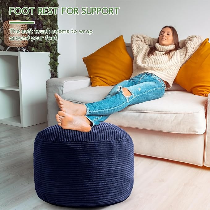 HIGOGOGO Round Stuffed Pouf Ottoman, Corduroy Poufs with Foam Chunk Filling, Furry and Fluffy Pouf Foot Stool Storage Ottoman, 26 X 18 Floor Poufs Foot Rest for Living Room, Navy