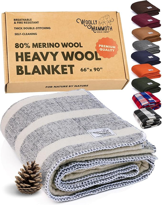 Woolly Mammoth Woolen Company Merino Wool Camping Blanket - 66 x 90 in Navy & Cream Stripe Twin Farmhouse Style - Heavy Insulating Outdoor Throw & Wool Blanket for Home & Travel
