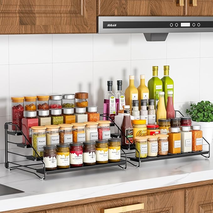 RCHYFEED Spice Rack Organizer for Cabinet Pantry,4 Tier Spice Rack Countertop,Tierd Spice Organization Easy Visibility, Depth Adjustable Seasoning Organizer for Cabinet (Black, 2Pack)