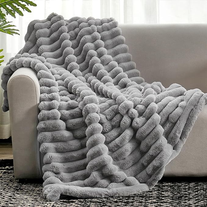 Cozy Bliss Faux Fur Throw Blanket for Couch, Cozy Warm Plush Striped Blanket for Sofa Bedroom Living Room,50 * 60 Inches Grey