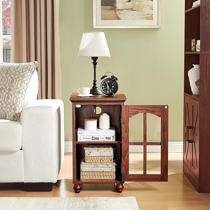 Narrow Side Table,Farmhouse Nightstand with Charging Station,Wood End Table with Glass Barn Door Storage, Cabinet Organizer with Adjustable Shelf, Night Stand for Small Spaces for Living Room Bedroom