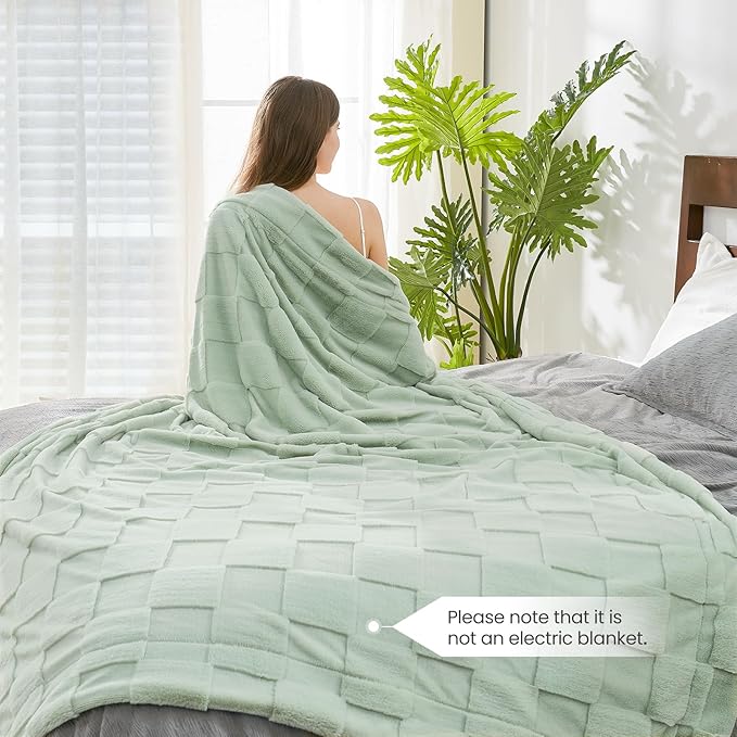 Cozy Bliss Checkered White Faux Rabbit Fur Throw Blanket, Soft Fuzzy Fluffy Minky Cream Furry Blankets for Couch, Bed (Sage Green, Queen(90" x 90")