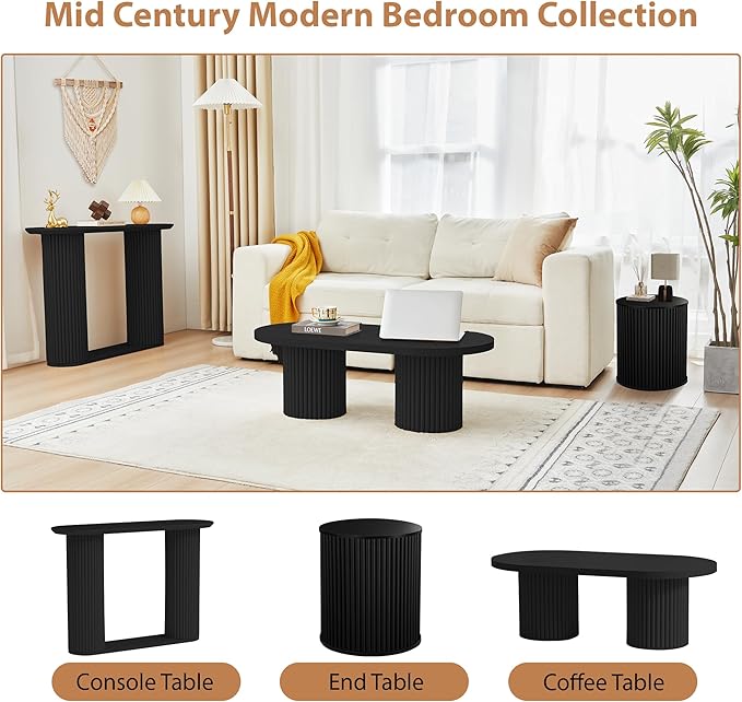 AVZEAR Fluted Round Side Table with Storage, Small Mid Century End Table Fluted Nightstands, Modern Circle Bedside Tables Wood Night Stand for Small Spaces, Living Room, Bedroom (Black)