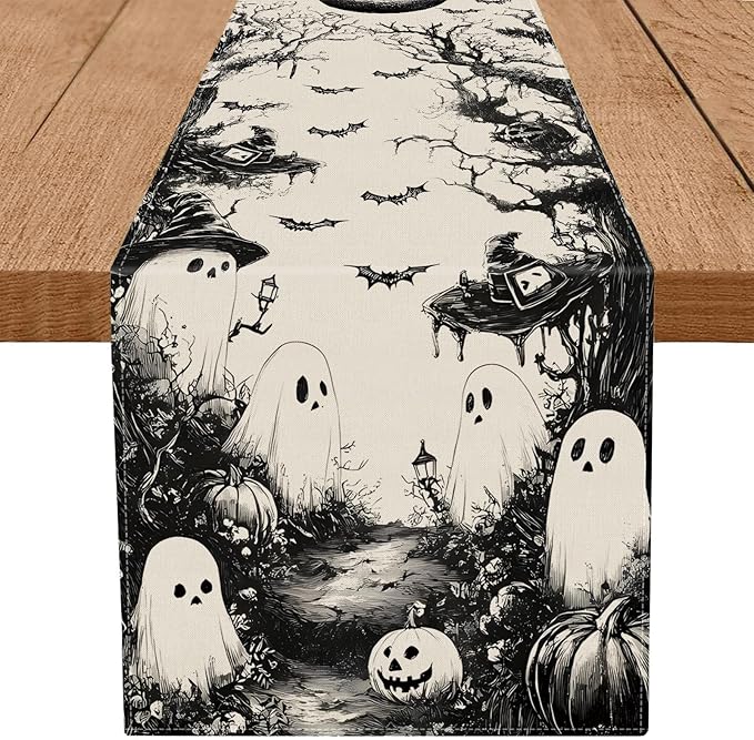 GPGHE Halloween Table Runner Black Ghost Holiday Burlap Table Decoration Indoor Outdoor Home Decor Party Supply 13 x 108 Inch