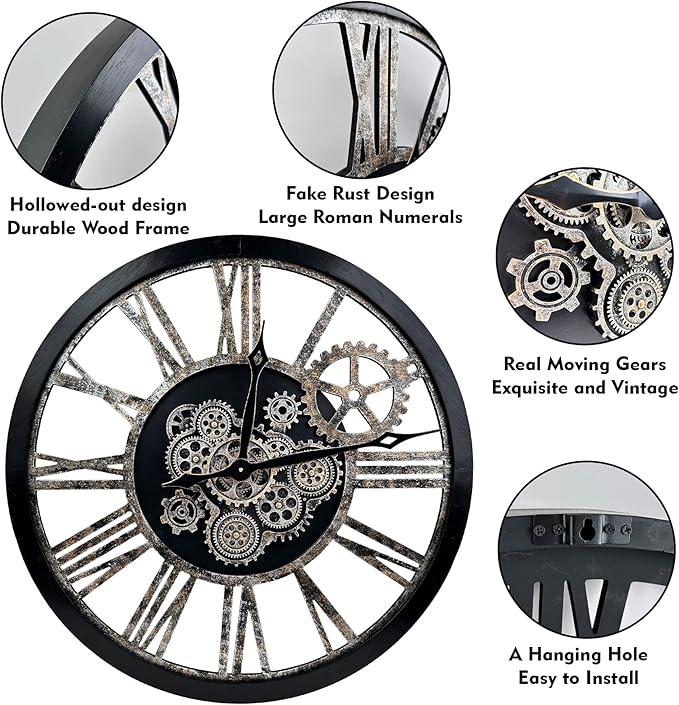 The B-Style 36" Large Moving Gear Wall Clock Oversized Vintage Farmhouse Wall Clocks for Living Room Decor Rustic Industrial Wood Clock (Black and Bronze)