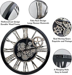 The B-Style Large Real Moving Gears Wall Clock 30 inch Rustic Retro Industrial Farmhouse Wood Clock Oversized Decorative Vintage Wall Clocks for Living Room (Black)