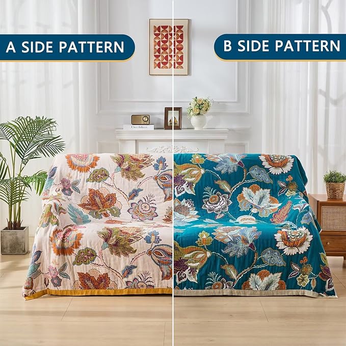 Boho Throw Blanket for Bed Couch 100% Cotton Woven Bed Throws for Summer, Lightweight and Soft Cozy Farmhouse Reversible Muslin Decorative Blanket for Travel Picnic, Teal/Cream, 80"x90"