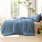 Litanika Comforters Grayish Blue Oversized Queen Size, 3 Pieces Lightweight Solid Bedding Comforter Set, All Season Fluffy Bed Set (98x98In Comforter & 2 Pillowcases)