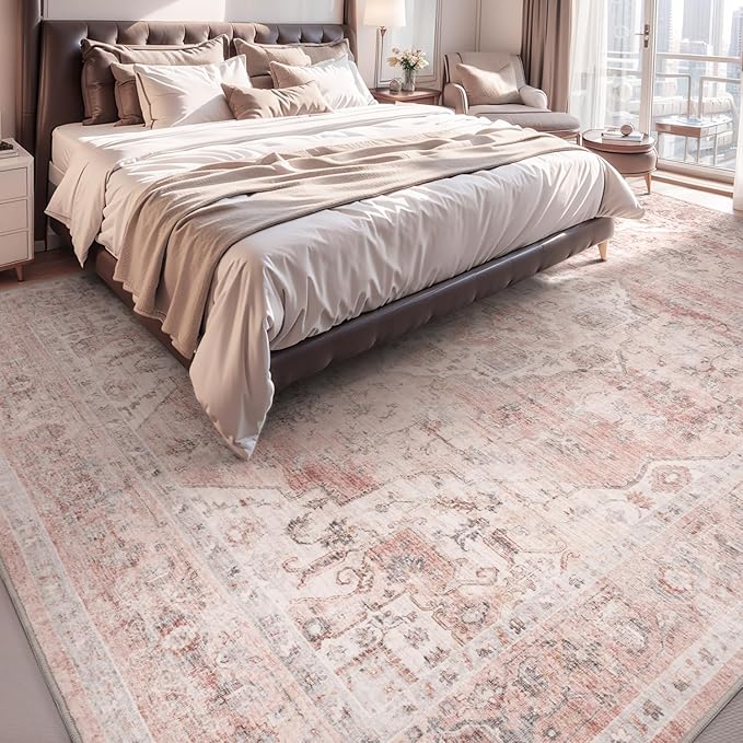 AMOAMI 4x6 Soft Vintage Area Rug - Non-Slip Washable Rug for Living Room, Bedroom, Dining Room, Office - Pink