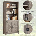 5 Tier Bookshelf 70in Tall Bookcase with Barn Doors and Storage Cabinet, Grey Farmhouse Book Shelf with Adjustable Shelves, Wood Freestanding Display Bookshelves for Bedroom, Kitchen (3PCS)