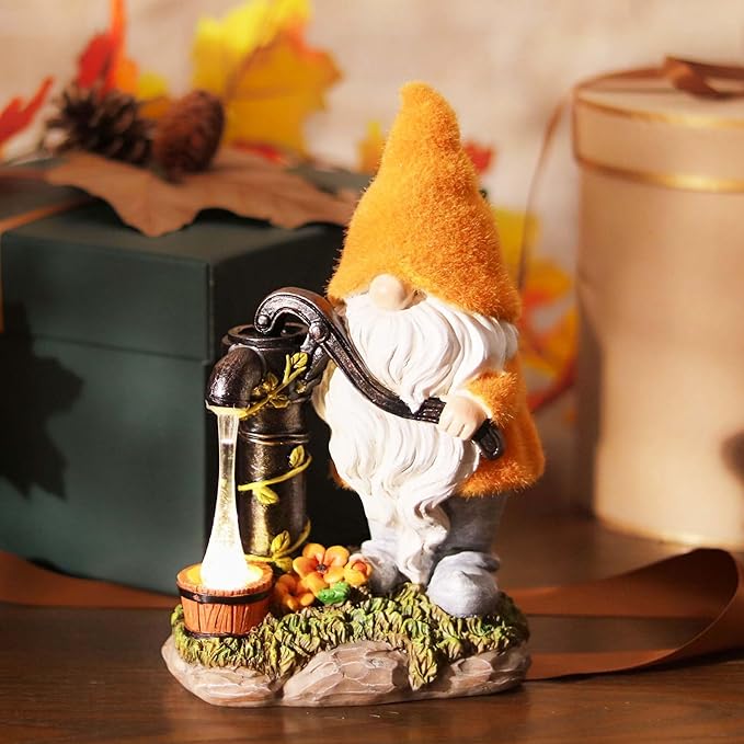 TERESA'S COLLECTIONS Fall Decor, Fall Gnomes Decor, Autumn Garden Gnomes Pumping Water with Solar Lights, Waterproof Resin Outdoor Fall Decor, Fall Gifts Outdoor/Indoor,9"
