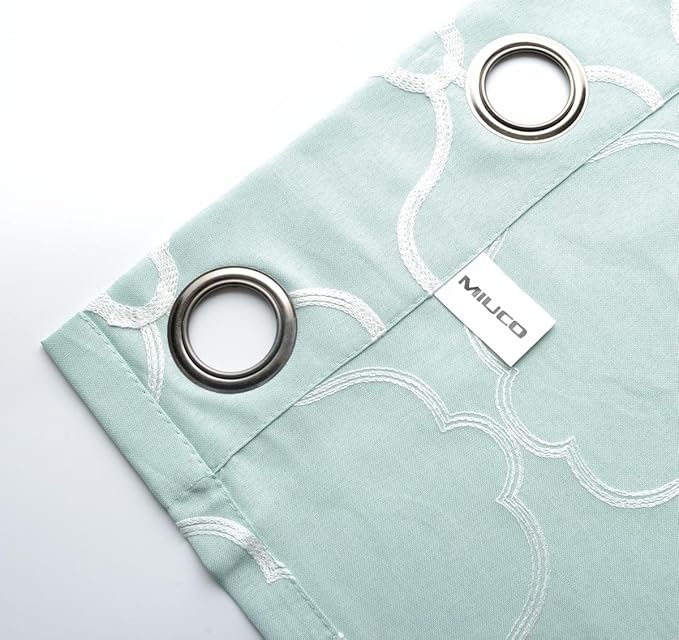 MIUCO Moroccan Embroidered Semi Sheer Curtains Faux Linen Grommet Window Panel Pair for Kitchen 52 x 63 Inch, Subtle Green