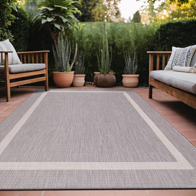 Bordered Outdoor Rug 8x10 Washable Outside Carpet for Indoor Patio Porch Waterproof Easy Cleaning Non Shedding Area Rugs Gray 8 x 10