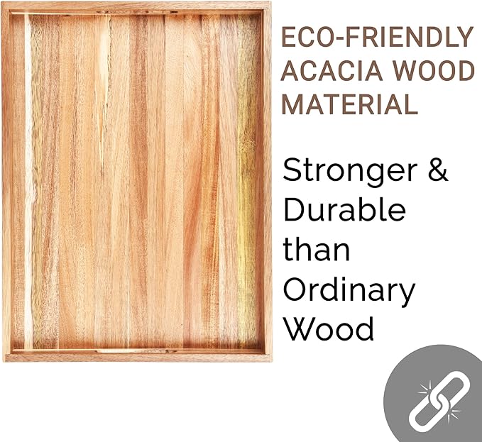 Acacia Wood Serving Tray with Handles (17 Inches) – Decorative Serving Trays Platter for Breakfast in Bed, Lunch, Dinner, Appetizers, Patio, Ottoman, Coffee Table, BBQ, Party –Great for Lap &Couch