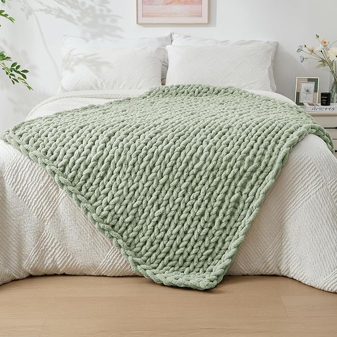 Bigacogo Chunky Knit Throw Blanket for Couch, 40x60 inches, 100% Hand Knitted with Thick Jumbo Chenille Yarn, Cozy Soft Large Rope Knot Cable Crochet Blankets for Sofa Bed Living Room, Sage Green