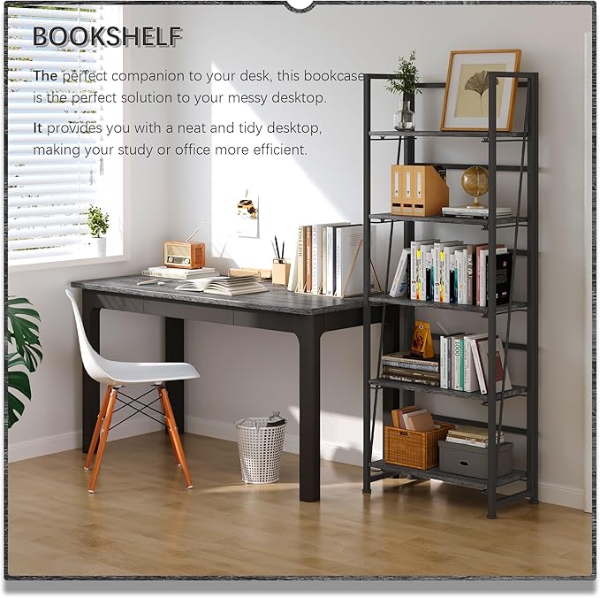 4NM No Assembly Foldable Bookshelf, 5-Shelf Collapsible Bookcase Storage for Small Spaces, 62.2" H, Gray and Black