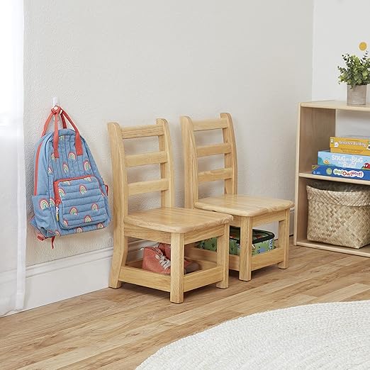 ECR4Kids Three Rung Ladderback Chair with Storage, 10in Seat Height , Classroom Seating, Honey, 2-Pack