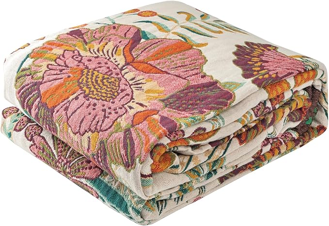 Boho Throw Blanket for Bed - 100% Pure Cotton Ultra Soft Rustic Quilt - Farmhouse Decor Bed Blankets, All Season Rustic Throw for Sofa Couch Chair(60"×80", Floral Blossom)