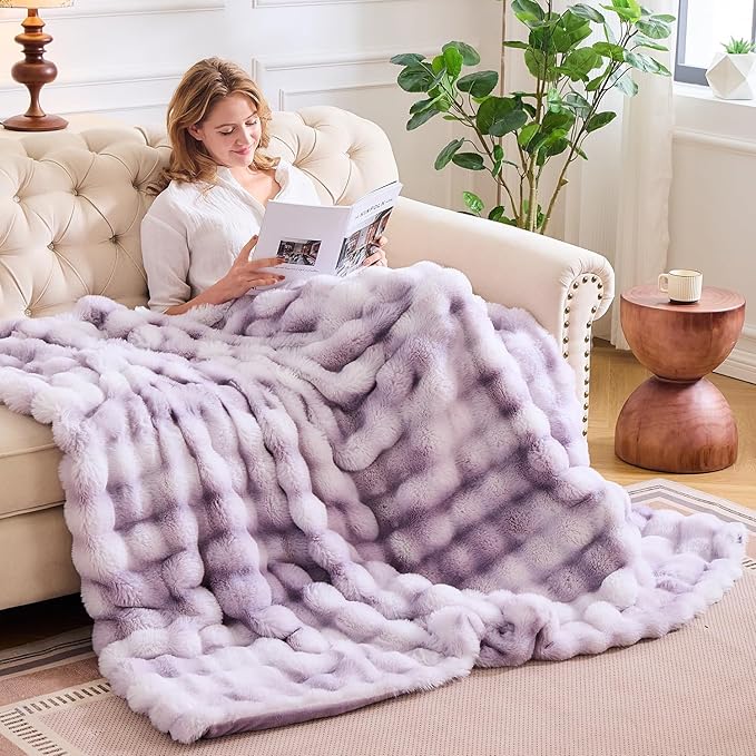 Lotus Karen Faux Fur Throw Blanket Tie-Dye Purple - Big Bubble Rabbit Fluff Blanket for Couch,Small Fluffy Fuzzy Cozy Blanket,Thick Furry Plush Shaggy Blankets,60x80 Inches