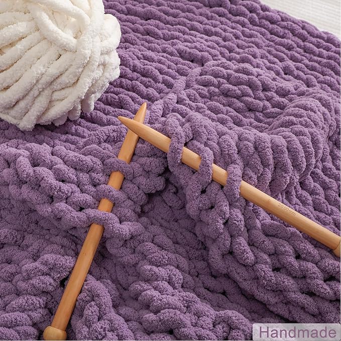 WESHIONGOO Chunky Knit Blanket Throw 40"×40" Knitted Throw Blankets for Couch Bed Fluffy Soft Blanket with Jumbo Chenille Yarn Thick 100% Handmade(Purple)