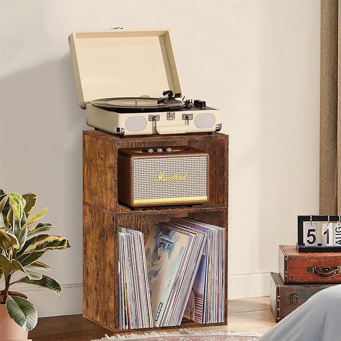 LEYAOYAO 2 Cube Bookshelf,Brown Record Player Stand Holds up to 100 Albums, Mini Wood Book Shelf Storage Organizer,Turntable Stand with Vinyl Storage Cabinet, Narrow Open Bookcase for Small Spaces
