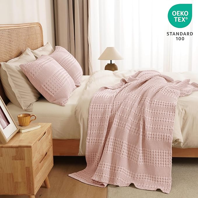PHF 100% Cotton Waffle Weave Throw Blanket, Soft Lightweight Breathable Cozy Summer Throws for Couch Bed Sofa, Luxury Aesthetic Woven Blanket for Home Decor & Office, 50"x60", Pink/Mauve