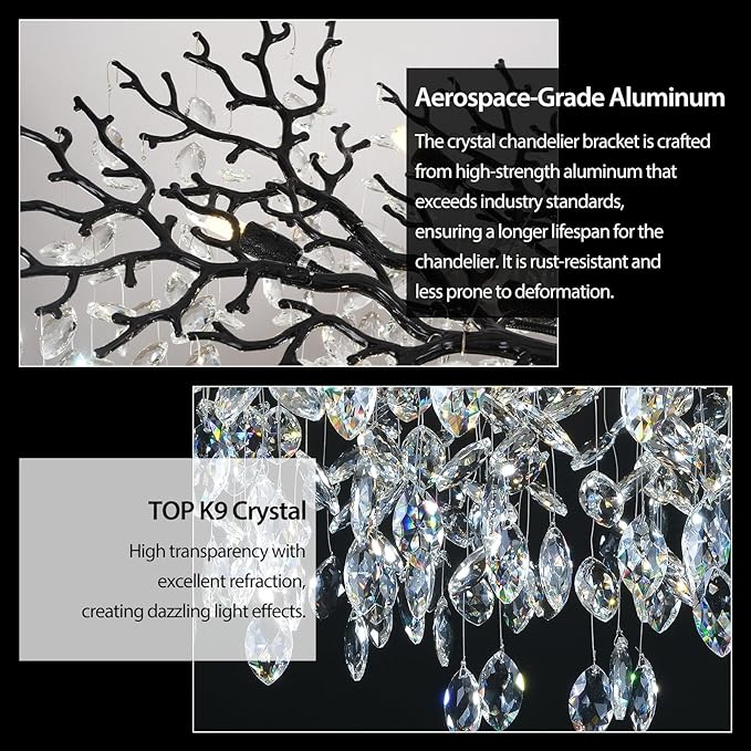 Modern Black Crystal Tree Branch Chandelier,14-Light 40" Black K9 Crystal Chandeliers for Living Room, Round Chandelier for Dining Room,High Ceiling,Kitchen Island,Foyer,Staircase